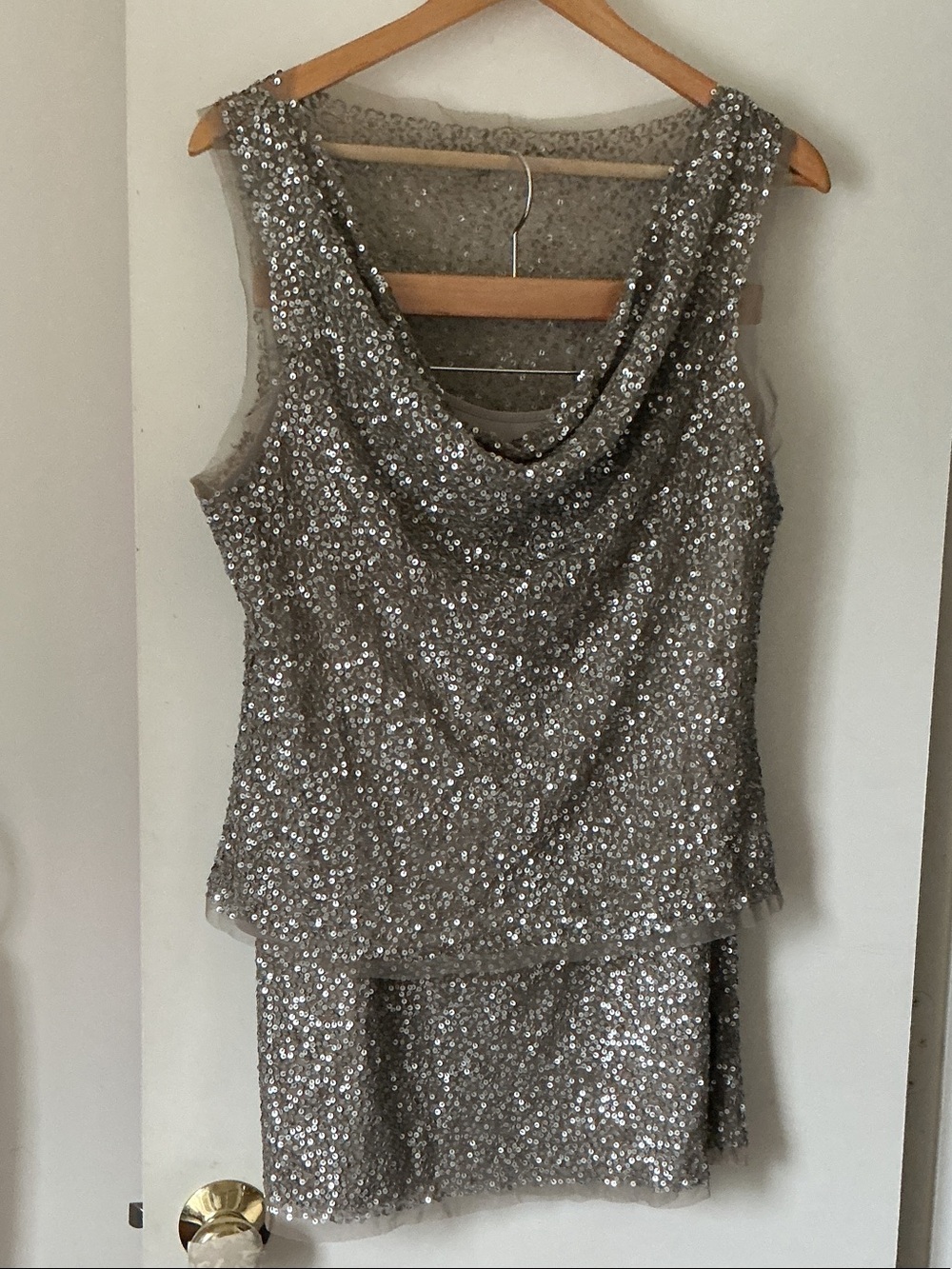 TALBOTS Sequin Cowl Neck Sleeveless set of Top and Skirt in Silver
